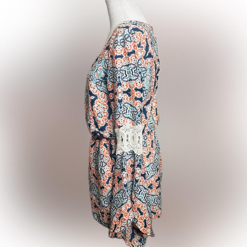 My Michelle SZ S Blue/orange boho bell sleeve romper w/lace accents/bust 36” - Picture 6 of 7